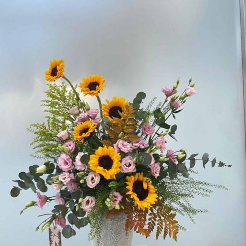 Alternative view of sunflower charm vase arrangement