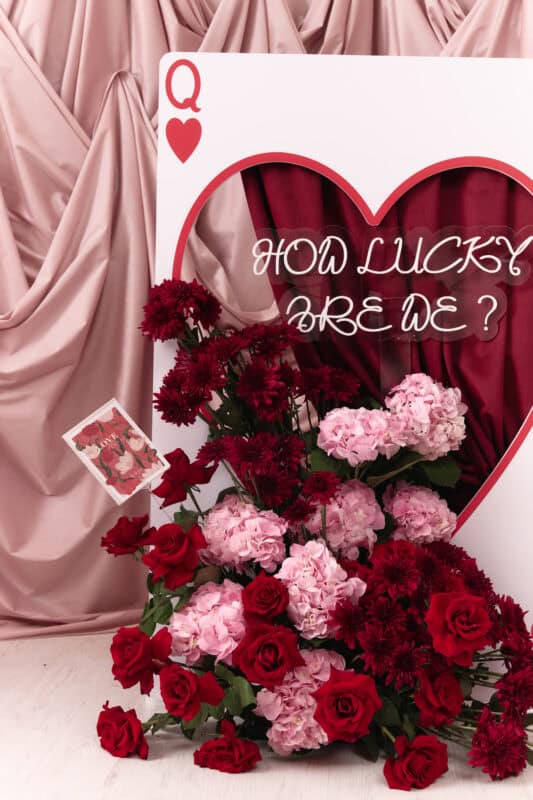 Queen of My Heart floral display with roses and carnations.